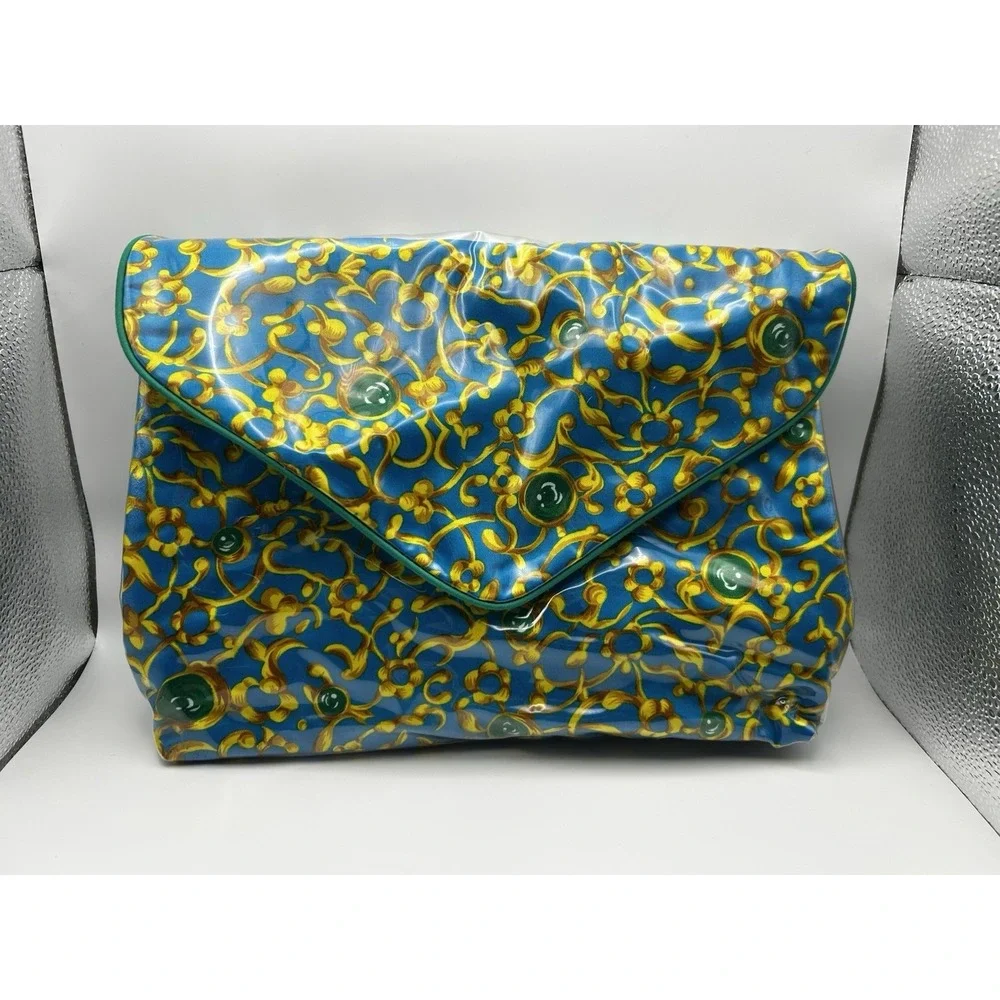 Vintage 90s Oscar de la Renta Blue Gold PVC Cosmetic Make Up Travel Bag